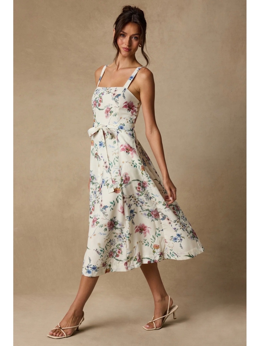 Lulus Sunny Posture Ivory Floral Sleeveless Midi Dress Size L Belted
